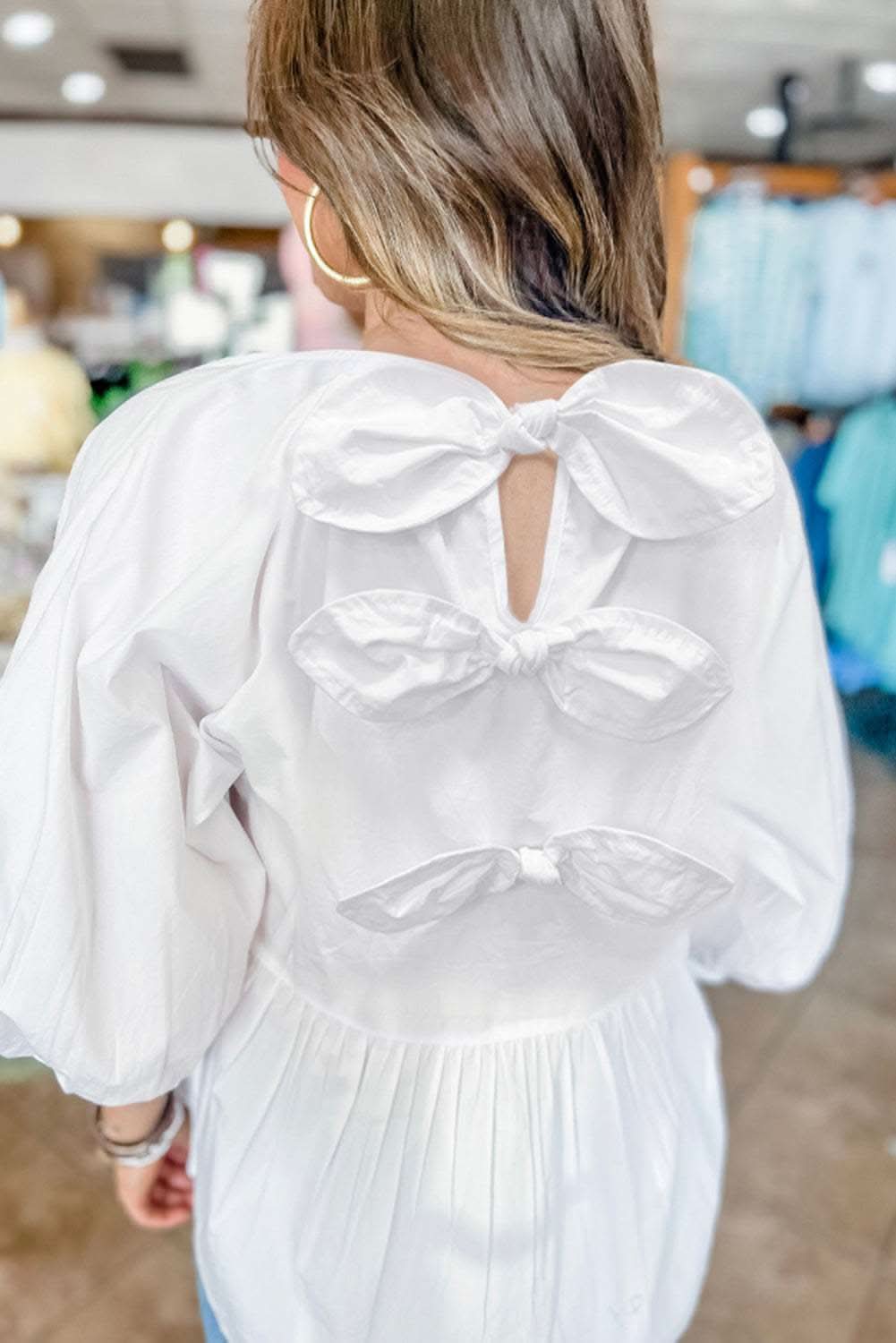 White Bow Knot Cutout Back Loose Fit 3/4 Sleeve Blouse - Love Salve